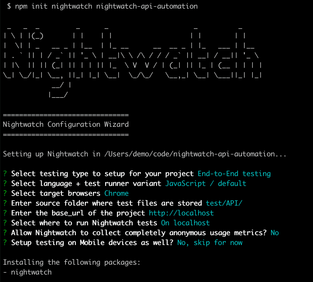 set up nightwatch config steps screenshot