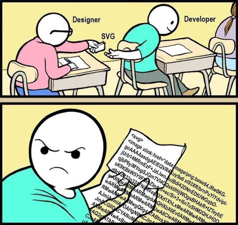 Reddit meme from r/ProgrammerHumor depicting a classrom across 2 panels. First panel shows a
note being passed from a designer to a developer labelled SVG. Second panel shows the opened SVG
note containing a PNG and the developer looking frustrated toward the
designer