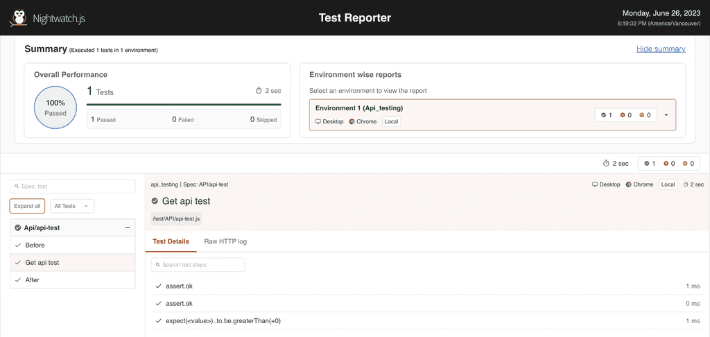 HTML report results for nightwatch API testing