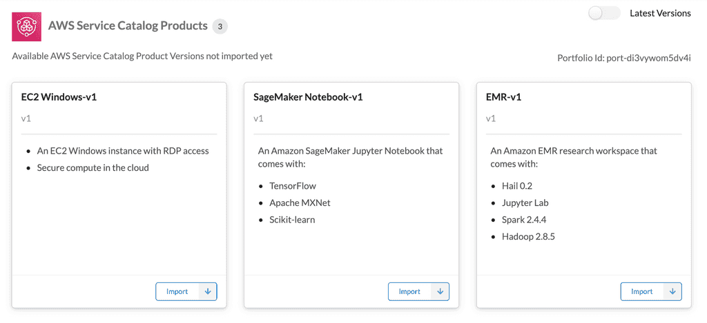 AWS Service Catalog Products in Service Workbench UI